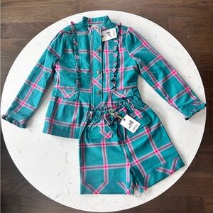 Finding Foxtale Center Stage Girls Blazer & Shorts Set Plaid Teal Green Pink 8